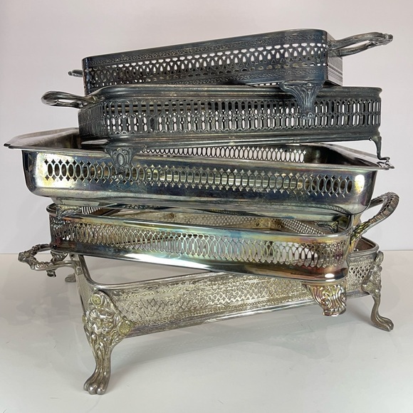 Vintage silver plated metal casserole dish holder chafing dish frame stand - Picture 12 of 16
